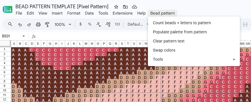 Screenshot of a custom menu in bead pattern editor in Google Sheets